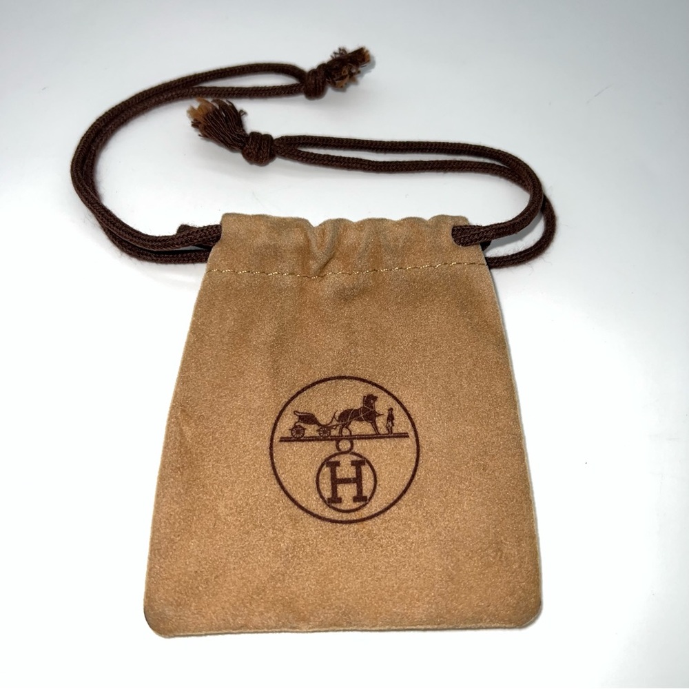 Hermes Small Tan w/Brown Logo &!Drawstring Pouch for Locks or Jewelry 4”X 3.25”
